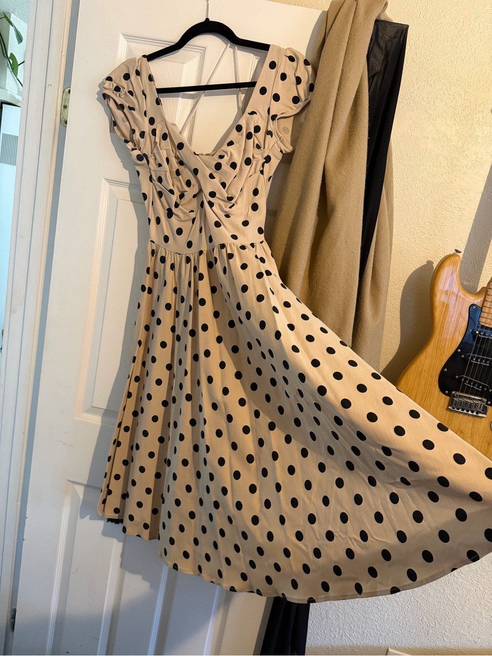 Stop Staring Beige and Black Polka Dot Fit-and-Flare Midi Dress